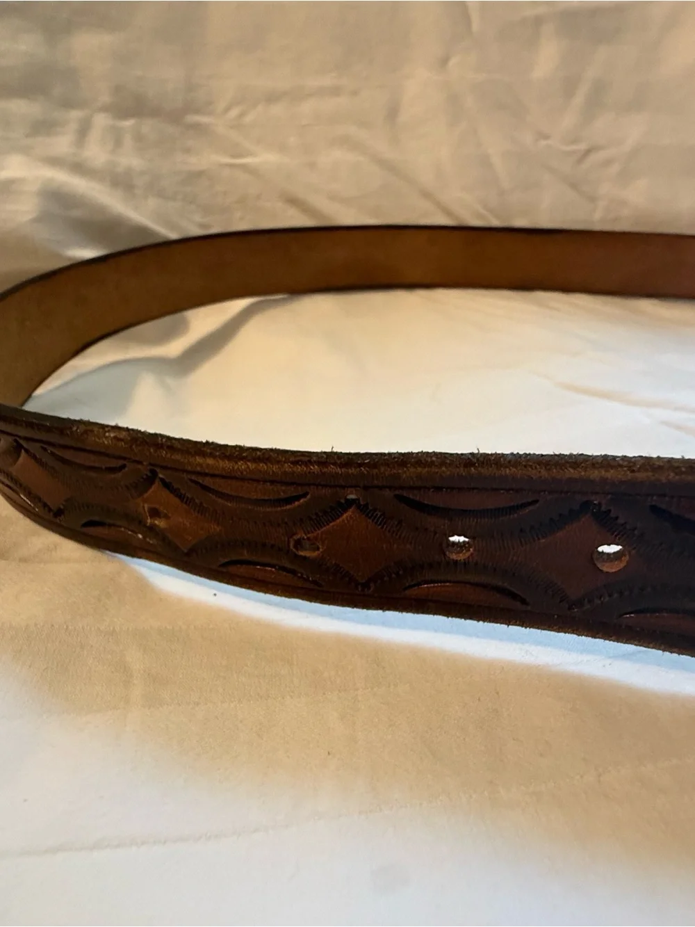 Leather Tooled Brown Men's Belt with Antiqued Brass Buckle